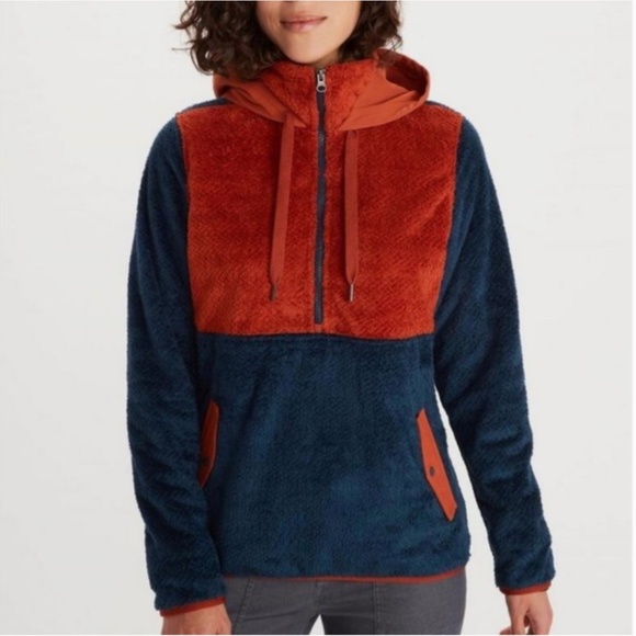 Marmot blue and burnt orange high-pile sherpa fleece half zip hood jacket EUC - Picture 2 of 12